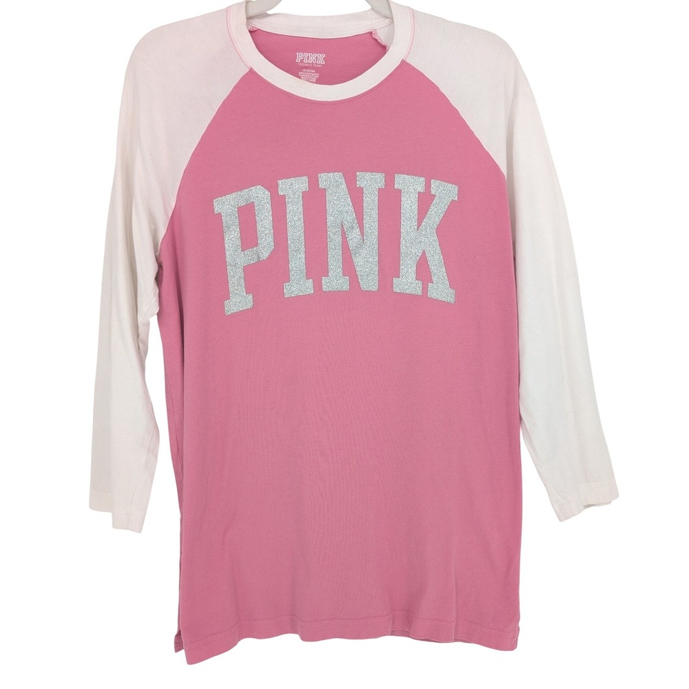PINK Victorias Secret Baseball Tee M Pink White Raglan Glitter Graphic Logo Y2K